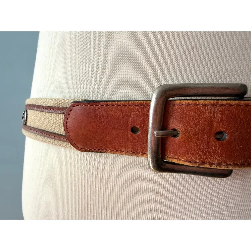 Fish Themed Wide Tan Cotton/Leather Belt Mens sz 40